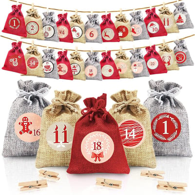 Dailygoods- Adventskalender 2025 - 24 Zakjes - Jute - Doe-het-zelf - Decoratie - Herbruikbaar - 10 x 14 cm - Kerstkalender