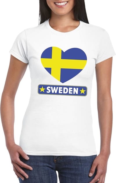 Zweden t-shirt - met hartjes vlag print - wit - voor dames - korte mouwen - landen supporters S
