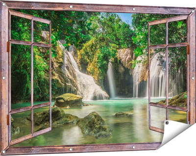 Gards Tuinposter Doorkijk Tropische Waterval - 120x80 cm - Tuindoek - Tuindecoratie - Wanddecoratie buiten - Tuinschilderij