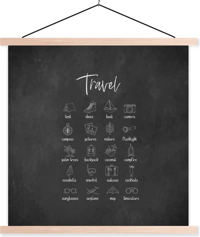 Posterhanger incl. Poster 40x40 cm - Schoolplaat - Spreuken - Quotes - Travel - Boot - Camera - Textielposter - Blanke latten