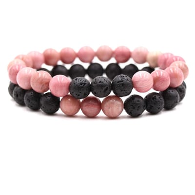 Bixorp Gems Dubbele Natuursteen Armband voor Man & Vrouw - Roze/Zwart contrast - Edelsteen Armband Cadeau - Lavasteen - 20cm