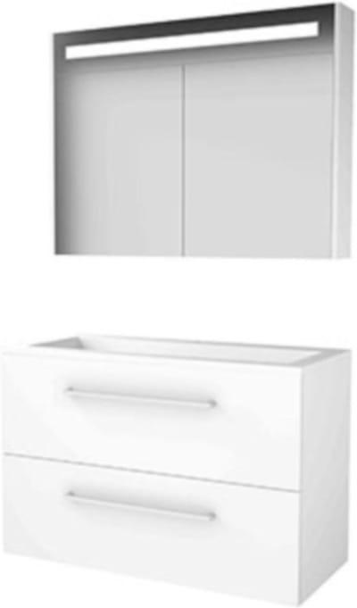 Basic-Line Premium 46 Badkamermeubelset - 100 x 46 cm - Met Grepen - 2 Lades - Acryl Wastafel - 1 Kraangat - Spiegelkast met LED Verlichting - Ice White