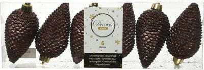 Decoris Kersthangers dennenappels - 6x st - donkerbruin - glitter - 8 cm - kunststof - kerstversiering