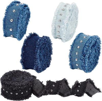 8 Meter 5 Kleuren Denim Ribbons, 1 Inch Rustieke Geweven Fringe Stoflinten voor Trouwinvites, Cadeauverpakking en Bruidsboeketten DIY