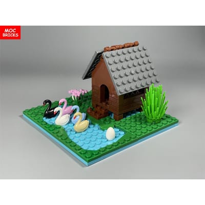 MOC Blokken Watermeer Vijver Rivier Eendenhuis Zwaan Zwemscène Eierlotus Dieren Plant Bouwsteen Accessoires Kinderspeelgoed