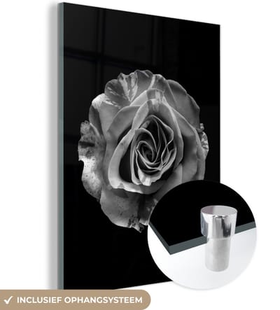 MuchoWow® Glasschilderij 120x160 cm - Schilderij acrylglas - Bloemen - Roos - Zwart - Wit - Botanisch - Foto op glas - Schilderijen
