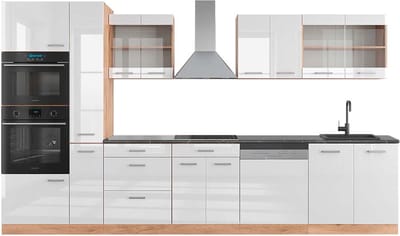 Vicco R-Line Complete keukeneenheid – 350 cm met hoge kast, WB Antraciet Wit hoogglans/goud power eiken