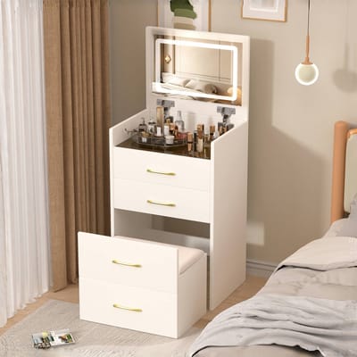3-in-1 make-up tafel met open spiegel - compacte make-up set - glazen tafelblad - compacte make-up tafel met 3 lades - 60x40x118 cm