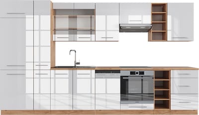 Vicco Fame-Line Complete keukeneenheid – 355 cm, WB Eik Wit hoogglans/goud power eiken