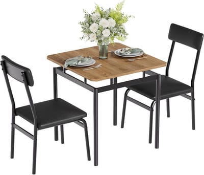 3-delige Eettafel Set voor 2 Personen - Keukentafel met 2 Gestoffeerde PU-Leren Stoelen - Industrieel Design - Metaal en Hout - Ruimtebesparend - 74x74x76 cm