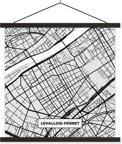 Posterhanger incl. Poster 60x60 cm - Schoolplaat - Frankrijk - Levallois-Perret - Stadskaart - Plattegrond - Kaart - Textielposter - Zwarte latten - Stadskaart