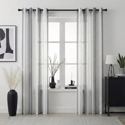 MUPOO modern Vitrages Kant en Klaar met Strepen 2 Stuks- vitrage gordijnen met Linnenuitstraling -Wasbaar & Kreukherstellend -Laat Licht Door & Biedt Privacy - Met Oogjes voor Balkon & Studeerkamer- Grijs -140x225cm