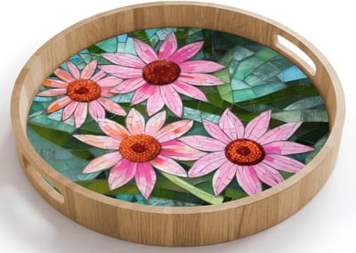 Dienblad rond 40x40 cm - Schootdienblad hout - Bloemen - Roze - Glasmozaïek - Borrelplank rechthoek - Plateau houten dienbladen