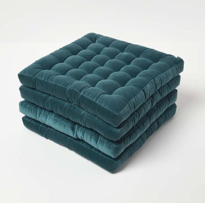 Homescapes stoelkussens – set van 4 zitkussens – fluweel – blauwgroen – 40x40 cm – met lint – voor eetkamer & buitengebruik