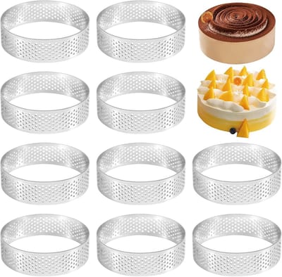 longziming -10x Roestvrijstalen Taartringen – Bakringen – 8 cm – RVS Koekjes Uitstekers – Perforatie Ontluchting – Ronde Roestvrij Staal Taartring – Herbruikbaar en Ovenbestendig voor Taarten, Cakes en Desserts