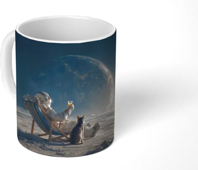 Mok - Koffiemok - Maan - Kat - Astronaut - Ruimte - Mokken - 350 ML - Beker - Koffiemokken - Theemok