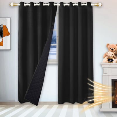 MUPOO isolerend thermisch gordijn met ringen – 405gsm verduisterend quilted raamgordijn tegen kou, hitte en geluid, voor woonkamer en slaapkamer, 1 stuks, zwart, B132×L160cm