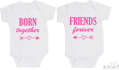 100% katoenen Rompers 2-pack "Born together Friends forever" Meisjes Katoen Wit/roze Maat 62/68