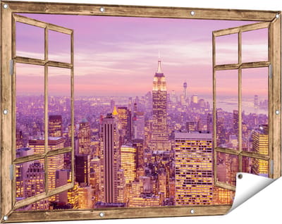 Gards Tuinposter Doorkijk New York Skyline met Lichten bij Zonsondergang - 120x80 cm - Tuindoek - Tuindecoratie - Wanddecoratie buiten - Tuinschilderij