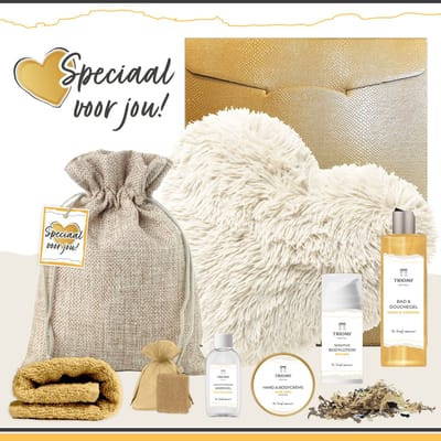 Geschenkset “Speciaal voor jou!” - 8 producten - 1220 gram - Triomf Cosmetica | Giftset voor haar Verjaardag Cadeau Valentijnsdag Luxe wellness cadeaubox Vriendin Vrouw Meisje Cadeaupakket Hartje Liefde Geschenk Pakket Douchegel Gift Geel Creme