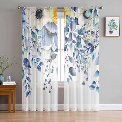Planten Eucalyptus Bladeren Wilde Bloemen Transparante Gordijnen voor Woonkamer Decoratie Raamgordijnen Keuken Tule Voile Gordijnen W135 x H115cm x1 white