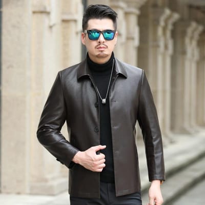 Blousons en cuir pour hommes d'âge moyen, Blousons en cuir véritable grande taille, Blousons en cuir décontractés amples pour papas M gray