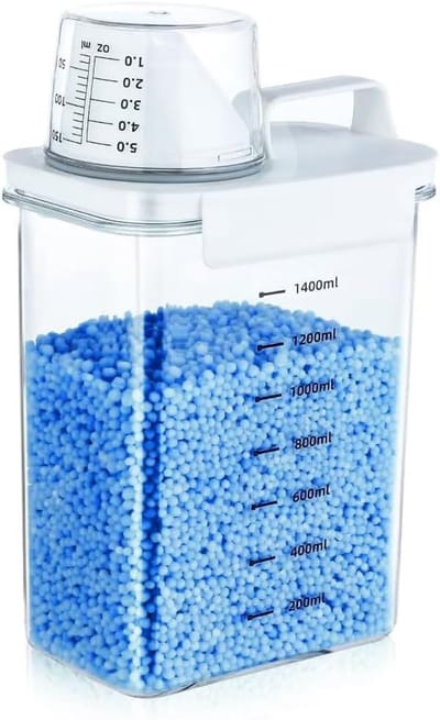 Famanu – Wasmiddelpods houder met maatbeker, 1800 ml luchtdichte container voor waspoeder, wasparfum en pods
