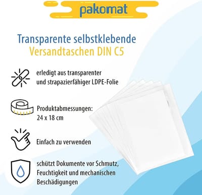 Pakbonzakken Documentenmap - Transparante Enveloppen - Verzenddocumenten Beveiligen - Zelfklevende Sluitflap - DIN C5 1000 Stuks - Doorzichtig