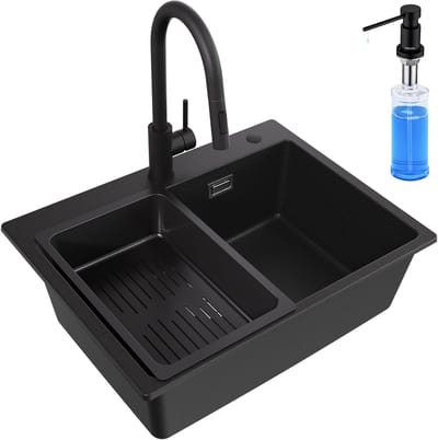 CECIPA max Granieten Spoelbak voor keuken 60x45cm Antraciet - Spoelbakken Met Keukenkraan en Zeepdispenser(300ML) - Roestvrij staal - Wasbak met waterafvoersysteem - Granieten spoelbak met afdruip