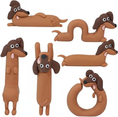 Teckel Beeldjes Set - Mini Honden Decoratie - Bureau Opvrolijken - Zes Unieke Houdingen - 6 Delig - Bruin