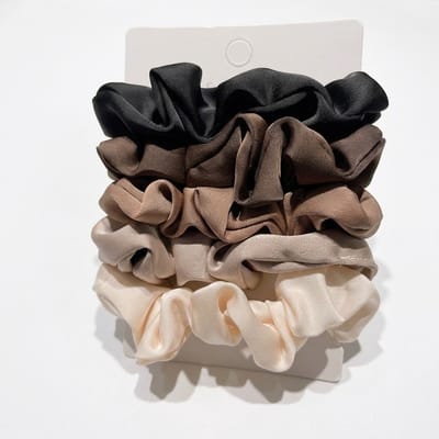 Set van 5 scrunchies dames – zachte stof haar elastiekjes – rimpel design – neutrale beige bruin zwart tinten – geschikt voor dagelijks gebruik – 5 stuks