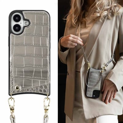 Selencia Hoesje - Geschikt voor Apple iPhone 16 - Croco Backcover met koord en pashouder - Zilver