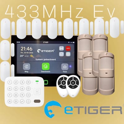 eTiger® XL7 Set 4 volledige set voor woning of klein bedrijf. XL7 Alarmcentrale, 10 Magneetsensoren met open.dicht melding, 4 Bewegingsmelders, 2 Afstandsbedieningen en 1 extra keypad voor achterdeur of slaapkamer. standaard zonder batterijen.