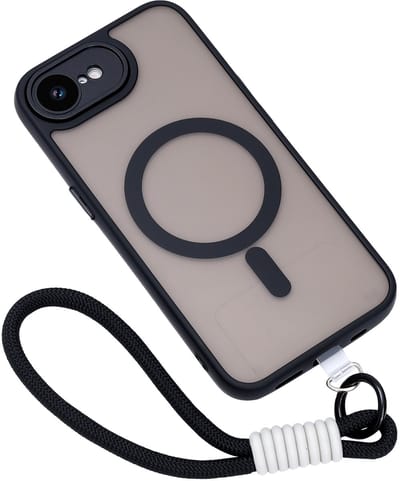 Casemania Hoesje + Koord Geschikt voor Apple iPhone 16e - Zwart - Matte Armor Back Cover Geschikt voor MagSafe - Telefoonhoesje met Pols Bandje