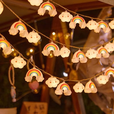 Daity 10 lichtsnoeren in de vorm van een regenboogwolk - lichtsnoeren in de vorm van een regenboogwolk voor de kinderkamer - led-lichtsnoeren op batterijen - led-lichtsnoeren met regenboogwolkenmotief - bolvormige lichtsnoeren