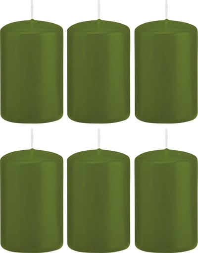 Trend Candles Cilinderkaars/stompkaars - 6x - olijfgroen - 5 x 8 cm - 18 branduren - met brandvertragende folie