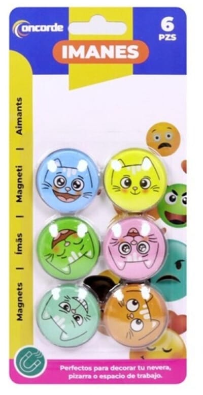 Concorde Magneten rond - katten/poezen design - multi kleuren - 6x stuks - D4 cm - hobby/koelkast magneetjes