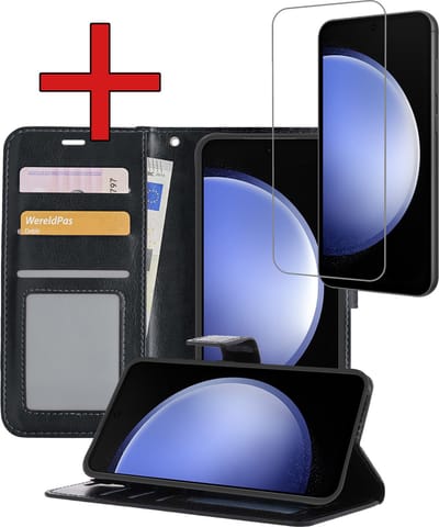 Hoesje - Met Screenprotector - Geschikt voor Samsung Galaxy S23 FE - Luxe Pasjeshouder - Flipcase - Bookcase Portemonee - Flip Case - Kunstleer Book Case - Book Cover - Walletcase - Portemonneehoes - Telefoonhoes - Zwart