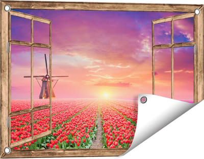 Gards Tuinposter Doorkijk Rode Rozen Bloemenveld met een Windmolen - 60x40 cm - Tuindoek - Tuindecoratie - Wanddecoratie buiten - Tuinschilderij