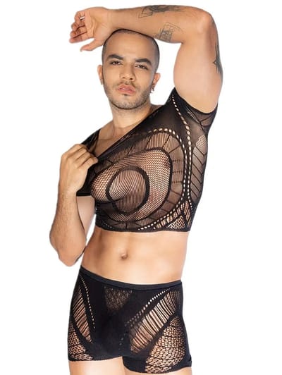 Transparante Visnet Body voor Heren - 2-delig - Sexy Mesh Set - Incl. Zwarte Kruis-Tepelstickers - One Size S-L | LekkerStout | ( LS326 )