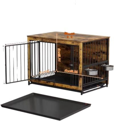 Houten Hondenbenche Valora - Hondenren - Hondenkrat Bijzettafel met Afneembare Kommen en Dienblad - Dubbele Deuren Hondenkennel voor Middelgrote Honden Binnen - 100 x 68 x 64 cm - Grijs