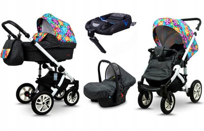 BabyLux® Kinderwagen 4in1 – SKY LARK - Paint Flowers WHITE FRAME - Opklapbare Wandelwagen incl. Reiswieg, Multifunctionele Buggy Sportstoel, Autostoel, ISOFIX basisstation - Combi-kinderwagen met Luiertas, Regenhoes, Klamboe