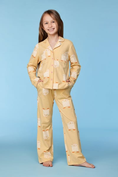 Woody pyjama dames/meisjes doorknoop - geel - kat all-overprint - 252-10-YPD-Z/940 - maat 176
