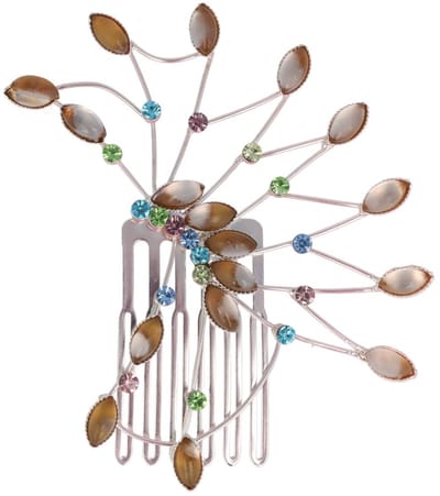 Haarsoires Haarspeld Sierkam Opsteekkam 6cm - Waaiervorm - Steentjes - Metaal - Zilver - Multicolor Bruin - Haarversierkam - Haar Versiering