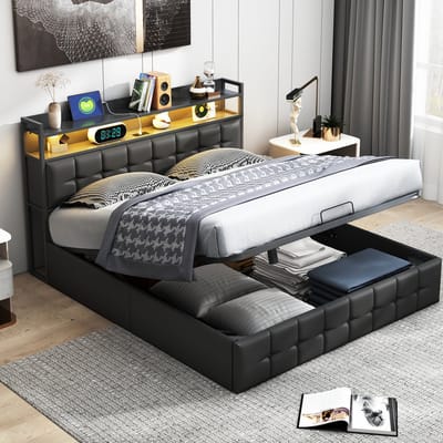 Gestoffeerd bed 140 x 200 cm met LED-hoofdbord, tweepersoonsbed met USB-aansluiting en lattenbodem, hydraulische opbergruimte en metalen frame, kinderbed, PU-kunstleer, zwart (matras niet inbegrepen)