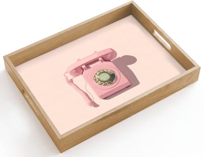 Dienblad hout 40x30 cm - Schootdienblad - Draaischijftelefoon - Retro - Roze - Borrelplank rechthoek - Plateau dienbladen