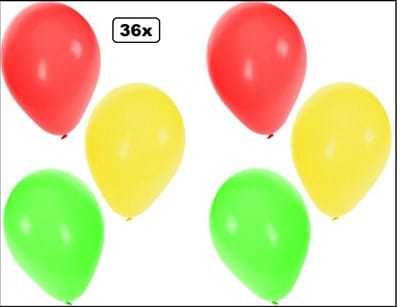 36x Ballonnen rood/geel/groen - Carnaval thema feest optocht fun feestje ballon