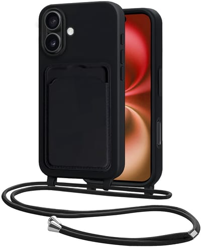 Hoes Geschikt voor iPhone 16 Plus Hoesje Pasjeshouder Cover Met Koord Case Siliconen Hoes Met Telefoonkoord en Kaarthouder - Zwart