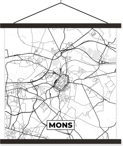 Posterhanger incl. Poster 60x60 cm - Schoolplaat - Stadskaart – Plattegrond – België – Zwart Wit – Mons – Kaart - Textielposter - Zwarte latten - Stadskaart