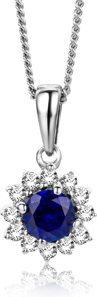 Miore Pure Collier Ketting - 9 Karaat - Zilverkleurig - Met Diamanten en een Blauwe Saffier - Handgemaakte Sieraden - Kettingen - Elegante Dames Sieraden - 45 cm